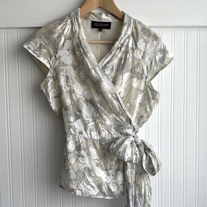 Jones New York petite silk blend blouse cream white silver 6p